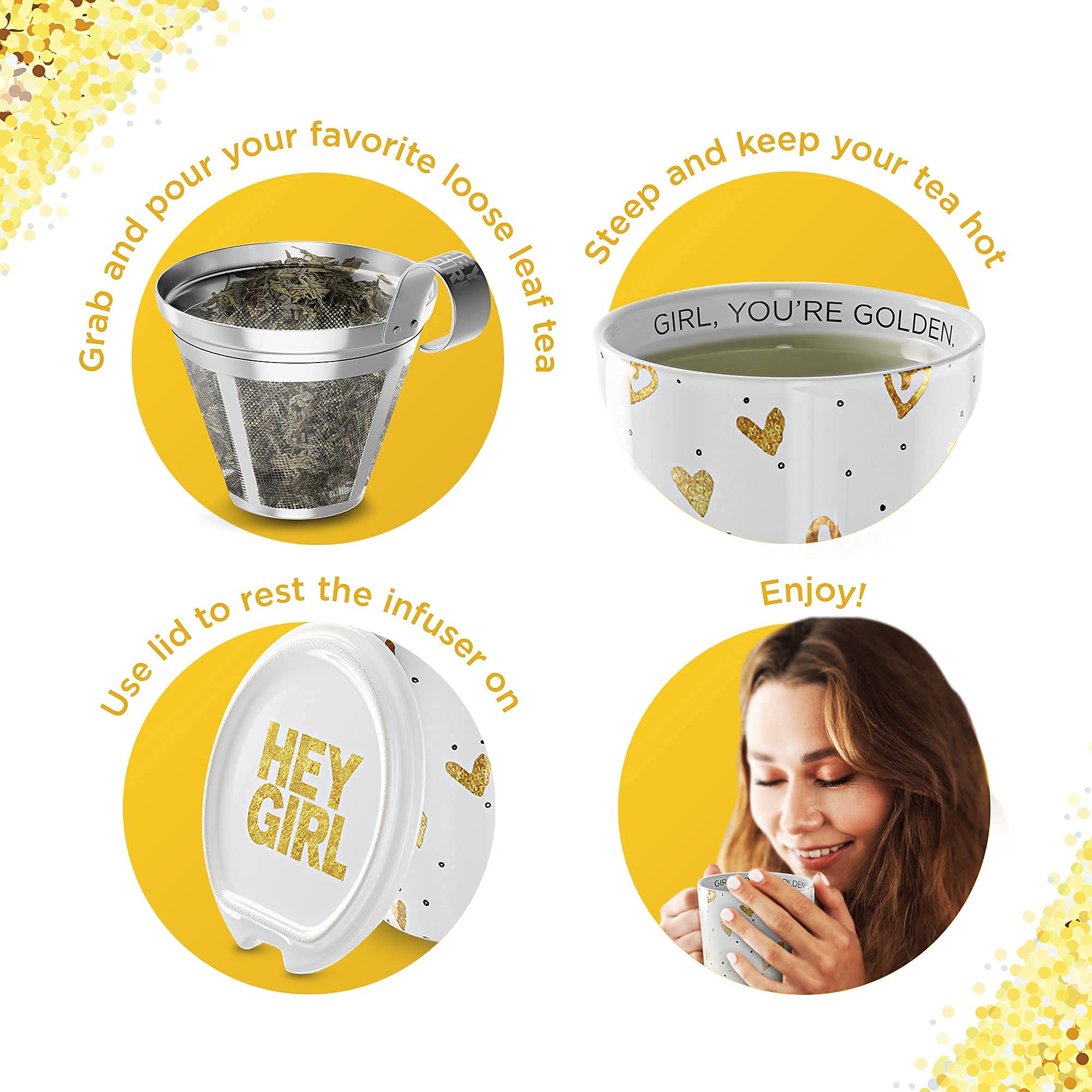 Hey Girl Tea Cup with Infuser and Lid - Double-Walled Insulation & Ceramic Outer Tea Infuser Mug - Fine-Mesh Strainer Basket - G
